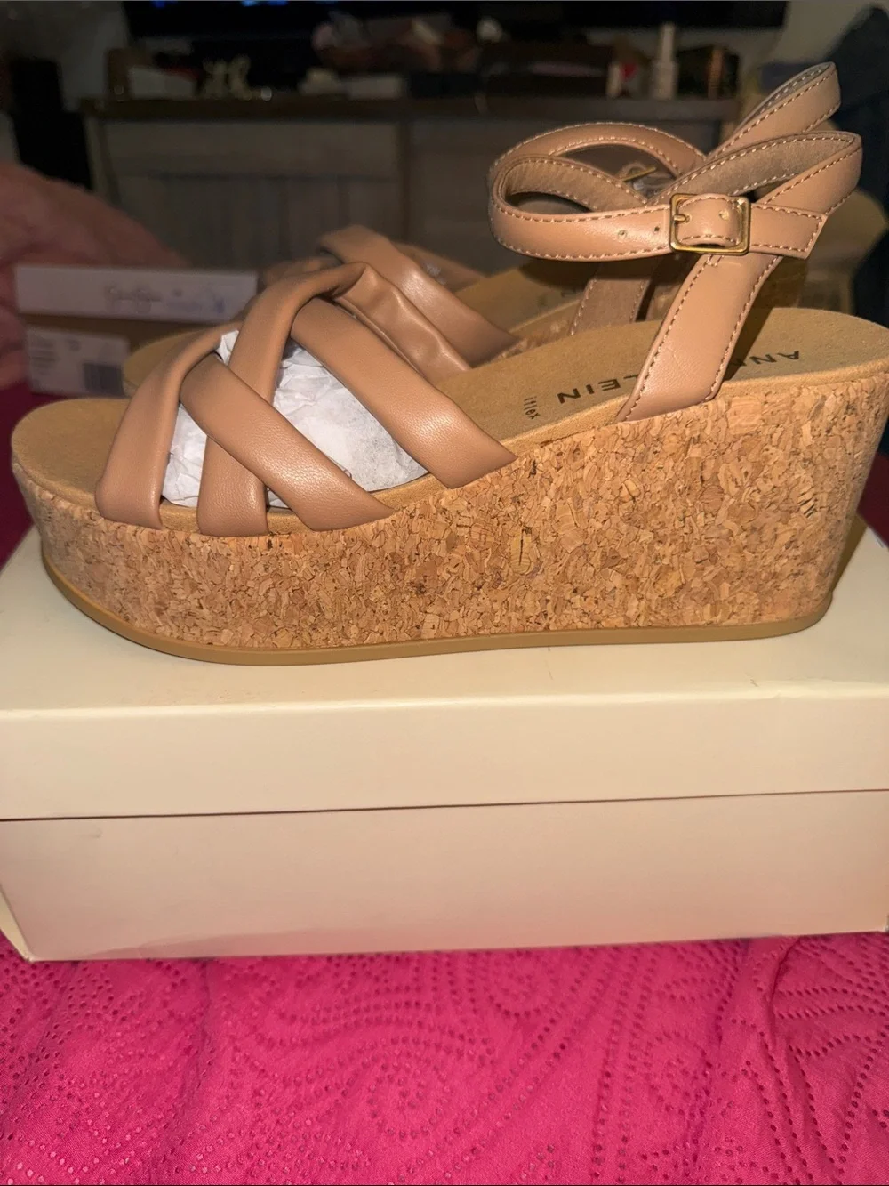 Anne Klein Nude/Tan Cork Platform Sandals with Crisscross Straps